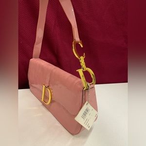 Pink Mauve Gold CD Logo Handbag Saddle bag embossed patent leather purse clutch